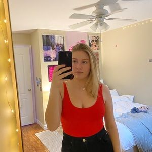 Red ripped bodysuit from Aritzia